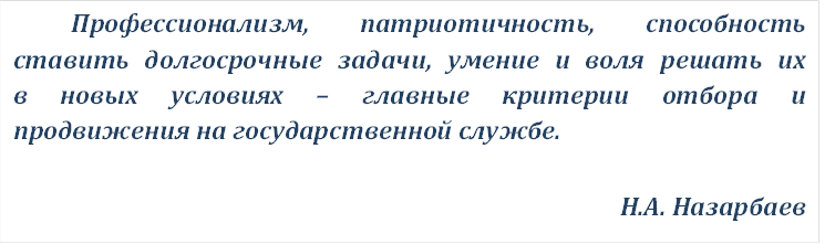 Профессионализм, патриотичность, способность
ставить долгосрочные задачи, умение и воля решать их
в новых условиях - главные критерии отбора и
продвижения на государственной службе.
Н.А. Назарбаев